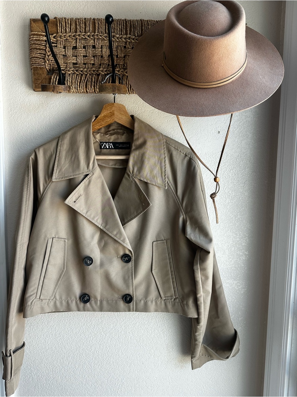 Zara Cropped Double-Breasted Trench Jacket in Taupe